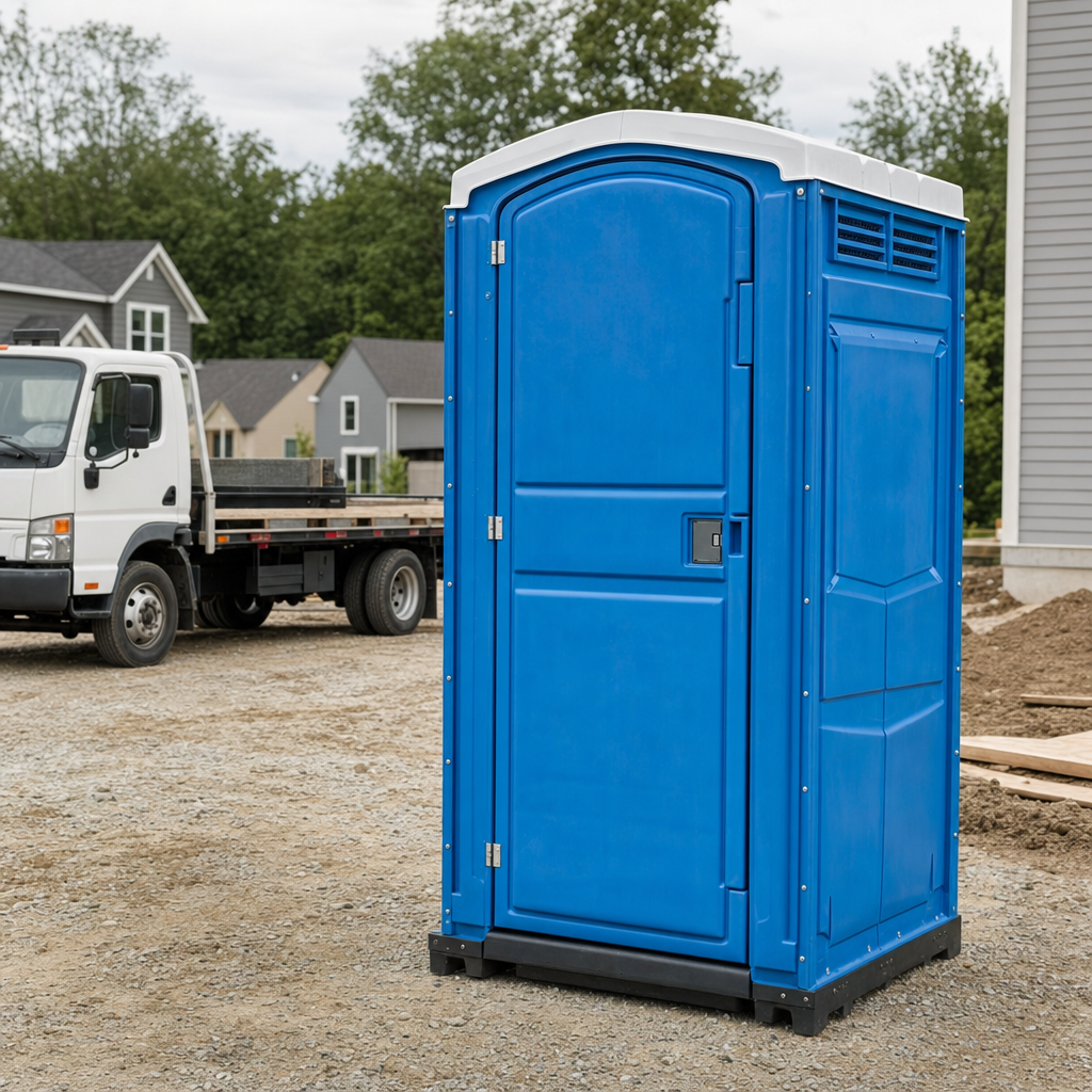 Delivery driver positioning a clean royal-blue portable toilet on level ground at a Corpus Christi worksite