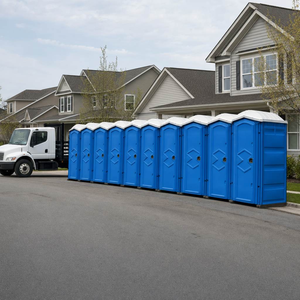 Royal blue portable toilets staged in a tidy row at a Corpus Christi jobsite, ready for delivery